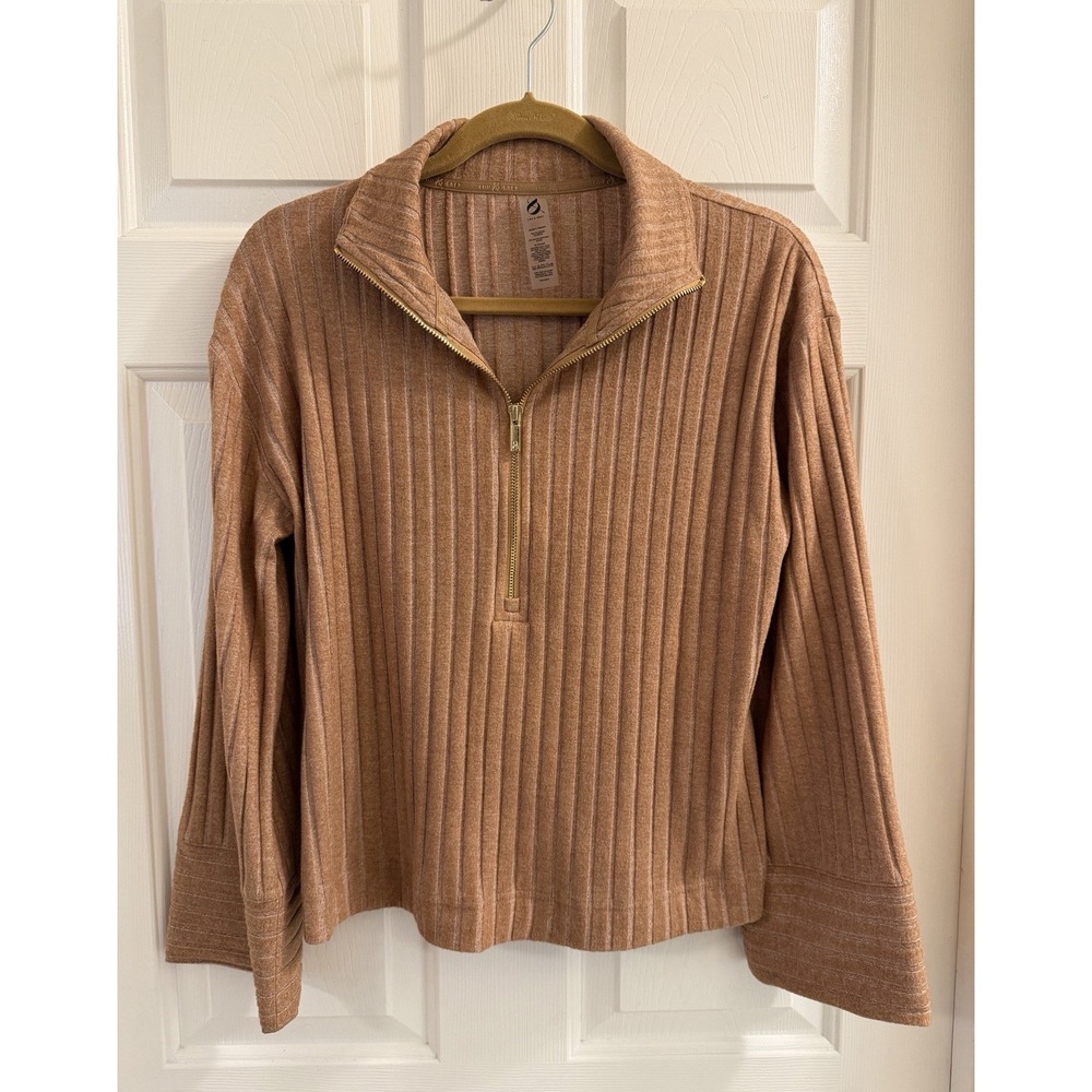 Lou & Grey Women's L Brown Ribbed Knit Mock Neck 1/2 Zip Long Sleeve Sweater
